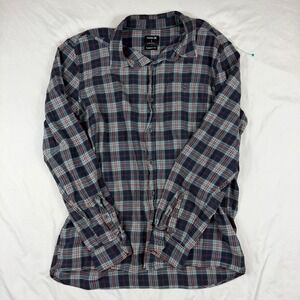 Hurley Mens Classic Fit Plaid Flannel Button Down Shirt Navy Blue Red Large